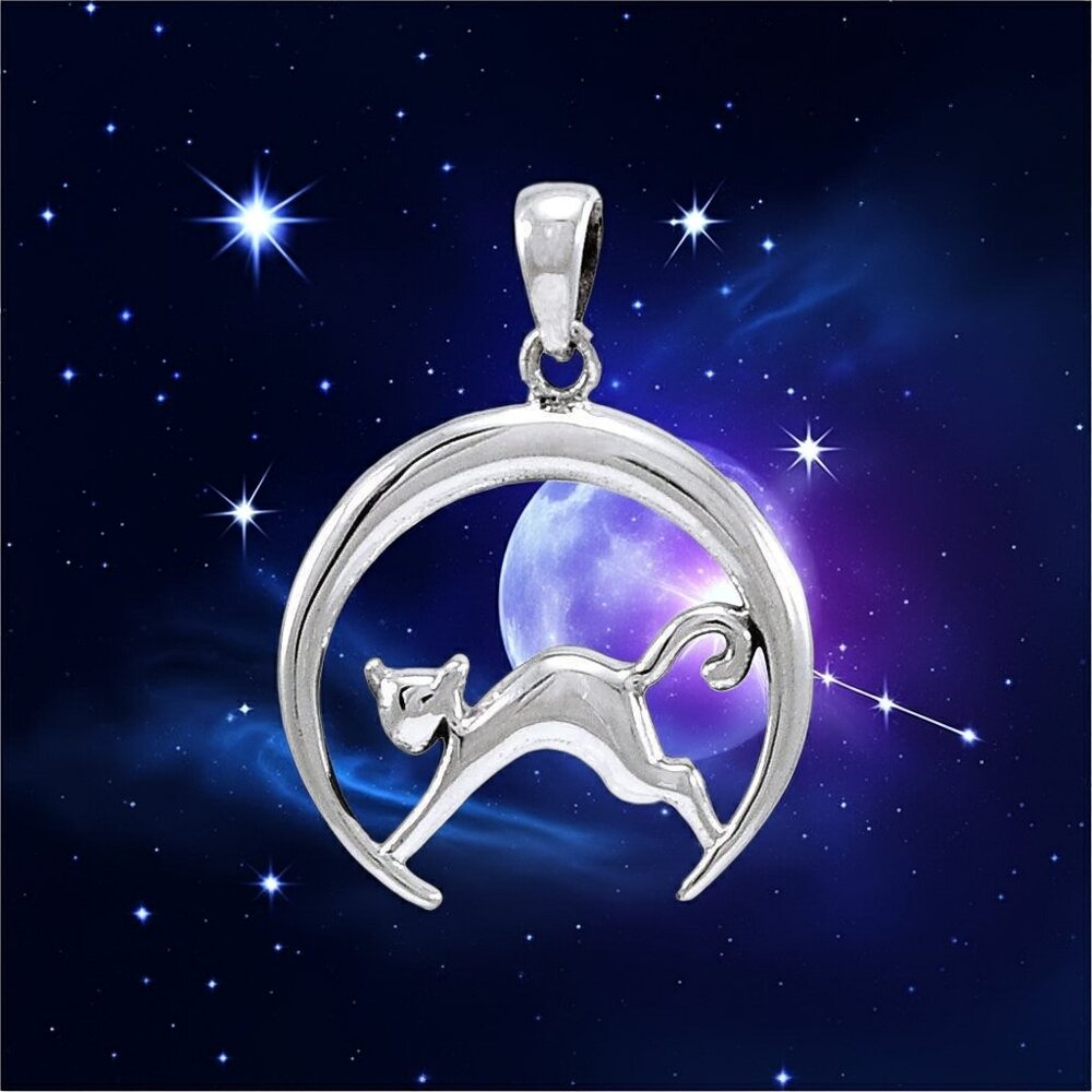 Cat Crescent Moon Charm Sterling Silver Pendant